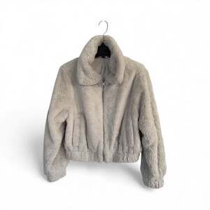 Ivory Oatmeal Faux Fur Cropped Bomber Jacket
